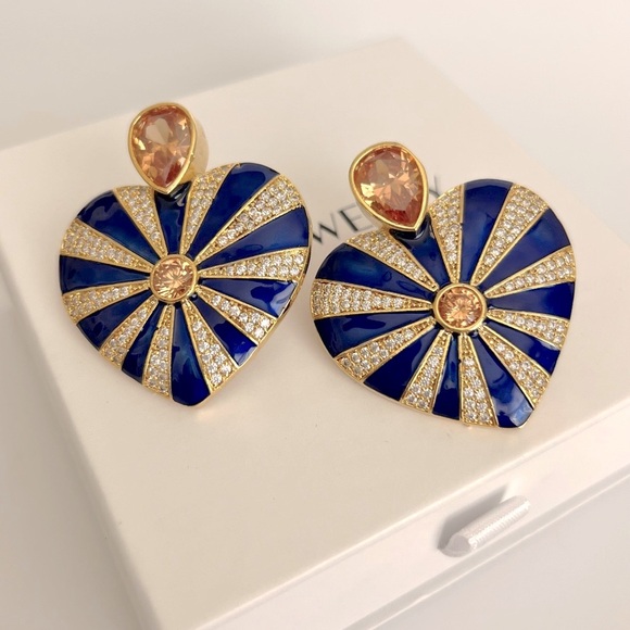 Heart Earrings 22k Gold Plated Enameled Handcrafted Luxury Jewelry - Picture 1 of 10